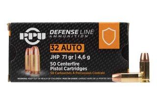 PPU Handgun Defense 32 ACP 71 Grain JHP Ammo is a box of 50 centerfire pistol cartridges